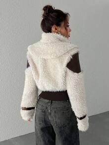 SHEIN EZwear Women's Jacket With PU Leather Front, Fleece Patchwork And Zipper Pockets In Fall/Winter - Coffee Brown - View 2