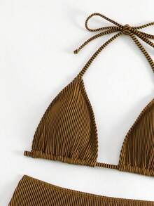 Bonvoyette Women's Summer Beach Solid Color Halter Tie Sexy Bikini Swimwear Set With Cover-Up Skirt, 3 Pieces Set - Coffee Brown - View 6