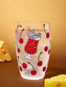 TOM & JERRY X SHEIN 1個 22oz/650ml 可愛卡通圖案印花硼矽酸鹽玻璃杯，耐冷耐熱，適用於牛奶、果汁、咖啡、氣泡水等，檸檬、櫻桃、傑瑞 - 無色 - 查看 9