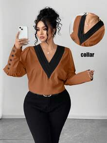Elenzga Grande taille Chemise décontractée à col en V en tricot pour l'automne - Taupe - Voir 1