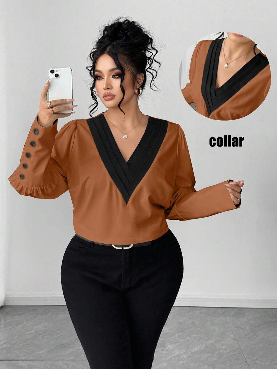 Elenzga Grande taille Chemise décontractée à col en V en tricot pour l'automne - Taupe - Voir 1