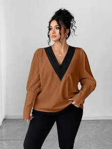 Elenzga Grande taille Chemise décontractée à col en V en tricot pour l'automne - Taupe - Voir 4
