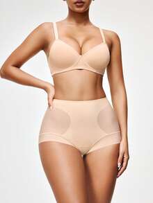 SHAPORA 女士高腰塑身短裤，网眼拼接，收腹，修身，舒适，休闲，简约，EasyComfort Chic 秋季下装 - 杏色 - 查看 4