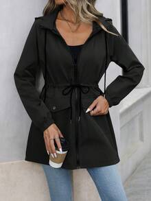 SHEIN PETITE Women's Cinched Waist Hooded Regular Jacket Black Jacket Women Women Coats Rain Coat For Women Black Coat Women - Black - View 5