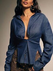 Denimoi Sexy Twisted Front Low Neck Denim Top - Dark Wash - View 1