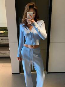 DAZY Women's Solid Color Knitted Casual Hooded Loungewear Set, Winter Pajamas - Blue - View 4