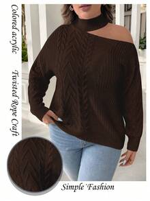 SHEIN Clasi Plus Size Women Casual Asymmetrical Shoulder Loose Cable Knit Pullover Sweater, Autumn/Winter - Brown - View 3