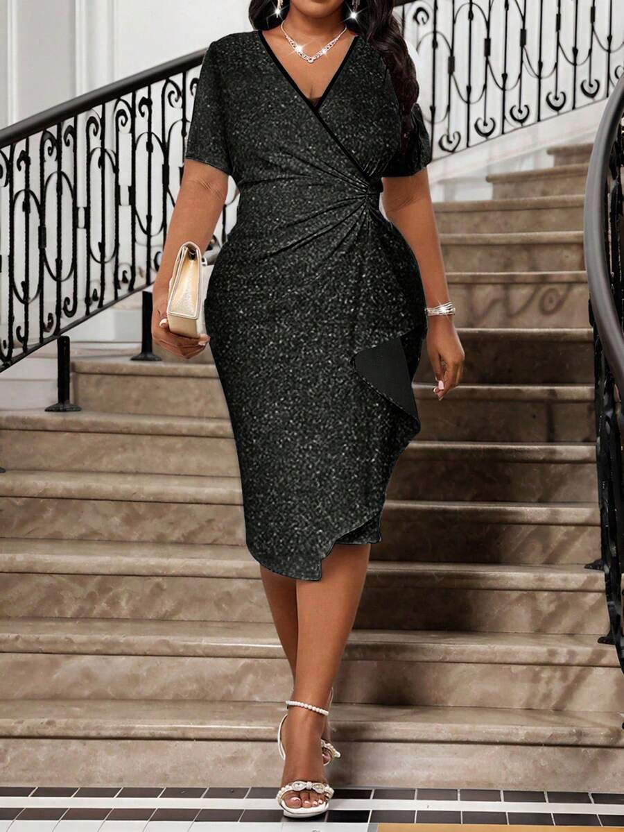 Fleurora Wiosenne i letnie eleganckie złote eleganckie retro wesele walentynki impreza noworoczna dzianinowy głęboki dekolt w serek z falbanką ze strasów nowość dopasowana sukienka plus size formalna sukienka na studniówkę plus size