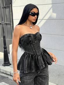 Jeanoix 女式 Y2K 荷叶边下摆时尚牛仔抹胸 - 黑色 - 查看 5