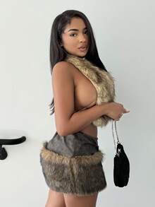 Alexandranx Sexy Asymmetrical Hem Tie-Up Deep V Faux Fur Tank Top For Going Out - Khaki - View 4