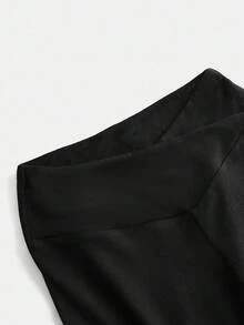 SHEIN Girlism 青少年女孩黑色纯色修身休闲简约舒适高腰交叉设计裤子，适合所有季节，适合家居服、运动服和街头风格 - 黑色 - 查看 4