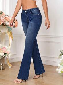 SHEIN Tall Women's Casual Flared Jeans With Pockets - Dark Wash - View 4