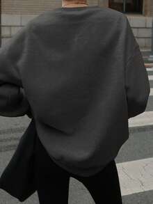 DAZY 女式字母刺绣宽松圆领保暖内衬运动衫 - 深灰色 - 查看 2