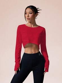 Easithlete Easithlete 女士运动 T 恤和背心 红色健身上衣 女士运动短款上衣 红色短款上衣 长袖短款上衣 红色运动上衣 - 紅色 - 查看 6