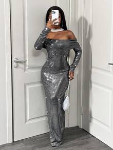 BamGleam 女式纯色亮片褶裥露肩长袖修身连衣裙 - 卡其色 - 查看 6