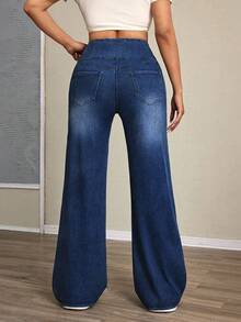 SHEIN Tall Women's Solid Color Minimalist Everyday Tummy Control Knit Denim Pants - Dark Wash - View 2