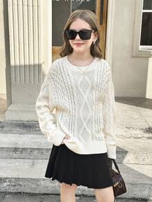 SHEIN 少女针织菱形麻花针织套头衫和黑色百褶裙套装，休闲日常装，秋冬