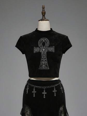 Top pour femmes avec croix égyptienne ancienne, mystérieuse et gothique, brodé