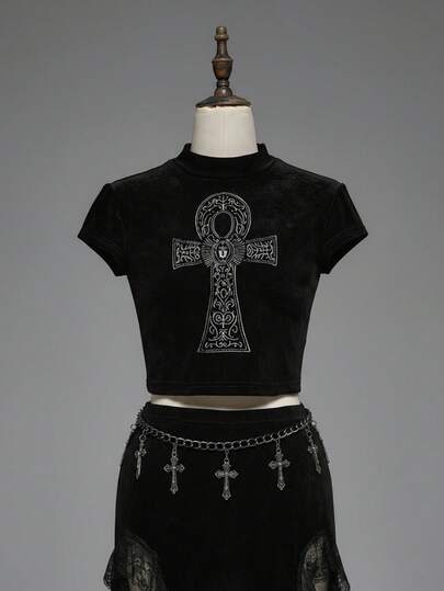 Gothic Dark Mysterious Ancient Egyptian Cross Embroidered Women Top