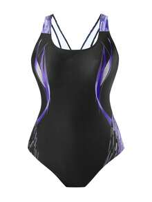 Swim SPRTY Traje de baño de una pieza estampado para mujer de talla grande, traje de baño casual de playa de moda todo en uno para vacaciones - Multicolor - Ver 1