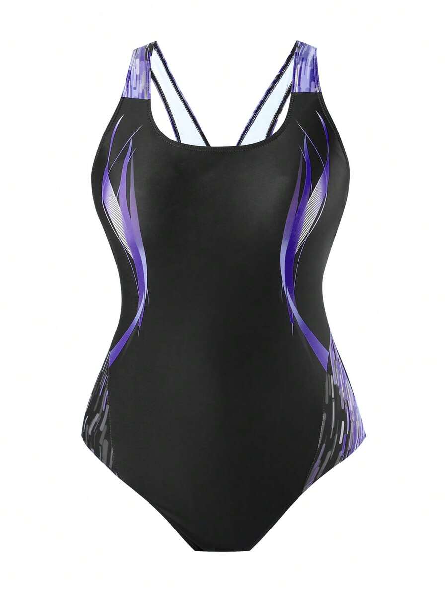 Swim SPRTY Traje de baño de una pieza estampado para mujer de talla grande, traje de baño casual de playa de moda todo en uno para vacaciones - Multicolor - Ver 1
