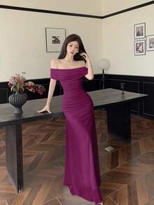 Modelyn 女式露肩褶饰腰部优雅婚礼/派对礼服 - 中紫紅色 - 查看 8