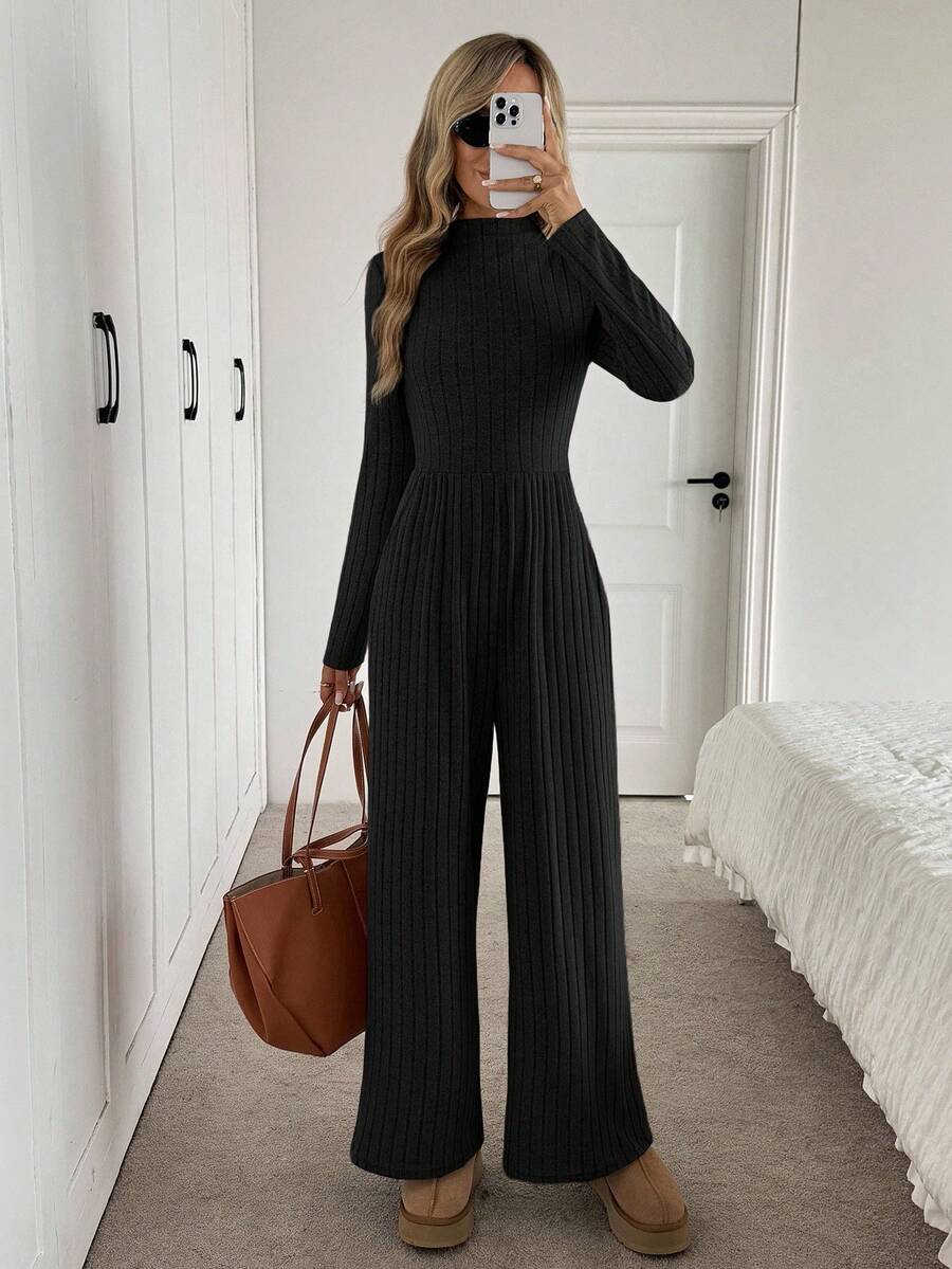 Easowa 高领斜口袋修身腰长袖阔腿连体裤，罗纹纹理面料，休闲优雅办公室装，女士秋冬装 - 黑色 - 查看 1