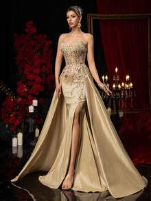 Glamrae Elegant Luxurious Beaded & Sequin Floral Sexy Strapless Mermaid Maxi Dress With High Slit, Suitable For Weddings, Events, Parties, Vacations, Galas (Heavy Embellishment) Gown