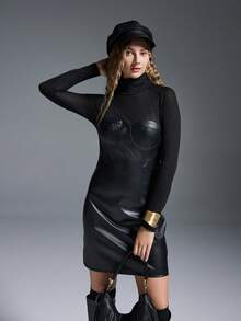 MYSTAURA Gaun Mini Bodycon Rajut Patchwork PU untuk Wanita - Hitam - View 4