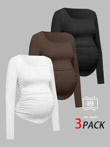 SHEIN Maternity Casual Solid Color Ruched Fitted T-Shirt, Autumn