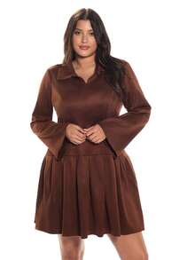 Solavibe Plus Size Solid Color Pleated Dress, Fashionable For Commuting, Autumn Brown - Brown - View 2