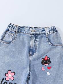 SHEIN ChillGRL 少女时尚新款做旧雪花刺绣阔腿牛仔裤 - 淺色水洗藍 - 查看 5