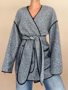 Islaluna Damen modischer & eleganter, locker geschnittener Mantel mit Kontrastbesatz und Doppeltaschen, Herbst