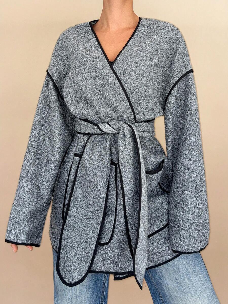 Islaluna Damen modischer & eleganter, locker geschnittener Mantel mit Kontrastbesatz und Doppeltaschen, Herbst