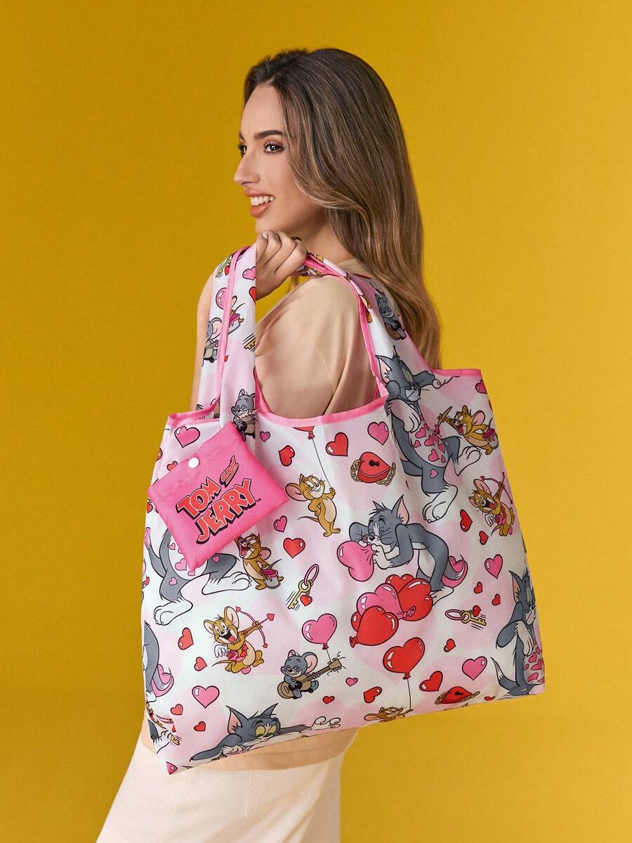 TOM & JERRY X SHEIN 1 Túi mua sắm gấp gọn in hình nhân vật hoạt hình dễ thương, túi tote có túi nhỏ đựng đồ kèm dây xích hạt để treo, hình Tom, Mèo, Jerry, Chuột, Tình bạn - Nhiều màu - Xem 1