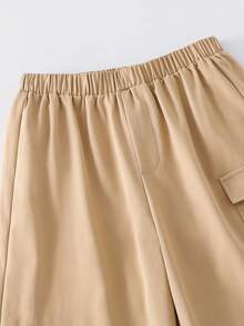Pantalones rectos holgados de unicolor con bolsillo parche, versátiles y casuales para uso diario de niñas preadolescentes - Caqui - Ver 4