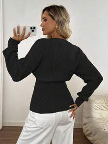 Easowa Áo khoác cardigan nữ dáng rộng, hở vai, thắt eo thanh lịch, thoải mái cho mùa thu mới - màu đen - Xem 2