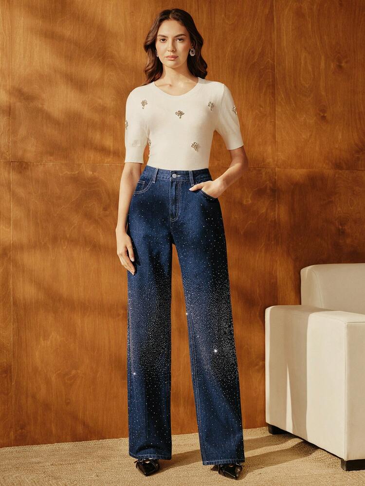 Women's High Waist Pockets Rhinestone Straight Loose Casual Jeans