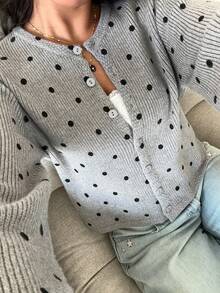 CovetEZ Women's Autumn/Winter New Casual Fashionable Versatile Polka Dot Pattern Comfortable Cardigan Jacket Casual Long Sleeve Casual Knit Cardigan, Autumn/Winter Style Women's Polka Dot Pattern Long Sleeve Single-Breasted Casual Knitted Cardigan, Autumn/Winter - Grey - View 7