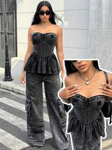 Jeanoix 女式 Y2K 荷叶边下摆时尚牛仔抹胸 - 黑色 - 查看 2