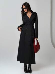 SHEIN TRNDY 1pc Women's Black Trench Coat, Cinched Waist Waist, Double-Breasted, Side Slits, Lapel Collar, Loose Long Sleeve, Casual & Versatile, Autumn/Winter - Black - View 1