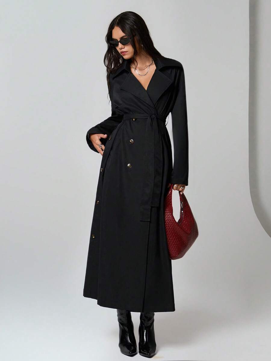 SHEIN TRNDY 1pc Women's Black Trench Coat, Cinched Waist Waist, Double-Breasted, Side Slits, Lapel Collar, Loose Long Sleeve, Casual & Versatile, Autumn/Winter - Black - View 1