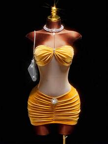 Amplova Women's Mustard Yellow Velvet Mini Skirt,Y2K 70s &Avant-Garde Ruched Waist,Suitable For Summer Party,Christmas,Gala,New Year&Thanksgiving - Champagne - View 2