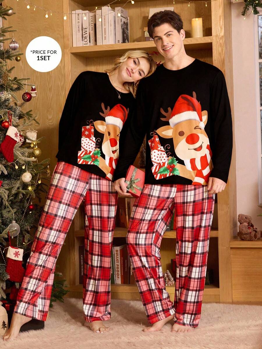 CoupledUp Christmas Reindeer Print Pajama Set,Black And White Plaid,Autumn,Cute,Home Winter Matching Couple Christmas Pjs With Plaid Pants For Men - Multicolor - View 1