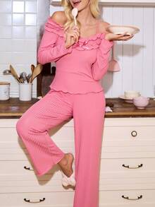 Elegant Ruffle Trim French Style Women Pajama Set, Winter Clothes - Pink - View 4