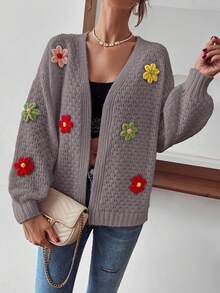 SHEIN LUNE Women's Colorful Floral Decor Casual Long Sleeve Cardigan, Christmas - Mocha Brown - View 6