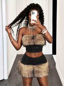 BamGleam 2pcs/Set Plush Patchwork Leather Crop Top And Mini Skirt - Black - View 3