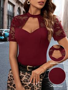 Editum 女士撞色蕾丝镂空短袖修身优雅 T 恤