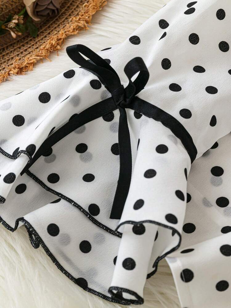 SHEIN Clasi Women Elegant Romantic Black & White Polka Dot Lace Edge Ruffle Collar Flare Sleeve Long Sleeve Button Down Shirtsummer Tops, Elegant Blouse, Casual Blouse, Social Blouse, Fringe Blouse, Polka Dot Top, White Top, Black Topsummer Outfits, Spring Outfit, Beach Outfit, Festival Outfits, Vacation Outfits, Office Outfits, Country Outfit - Black and White - View 5