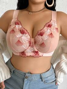 Sutien de damă Plus Size, culoare solidă, sexy, romantic, brodat cu frunze de arțar, cu bretele late reglabile, ridicare și susținere cu armătură 1 buc. - Roz Coral - Vizualizare 6